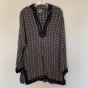 Mud Pie Womens Navy and Cream Printed V-Neck Tunic Large Lightweight Boho